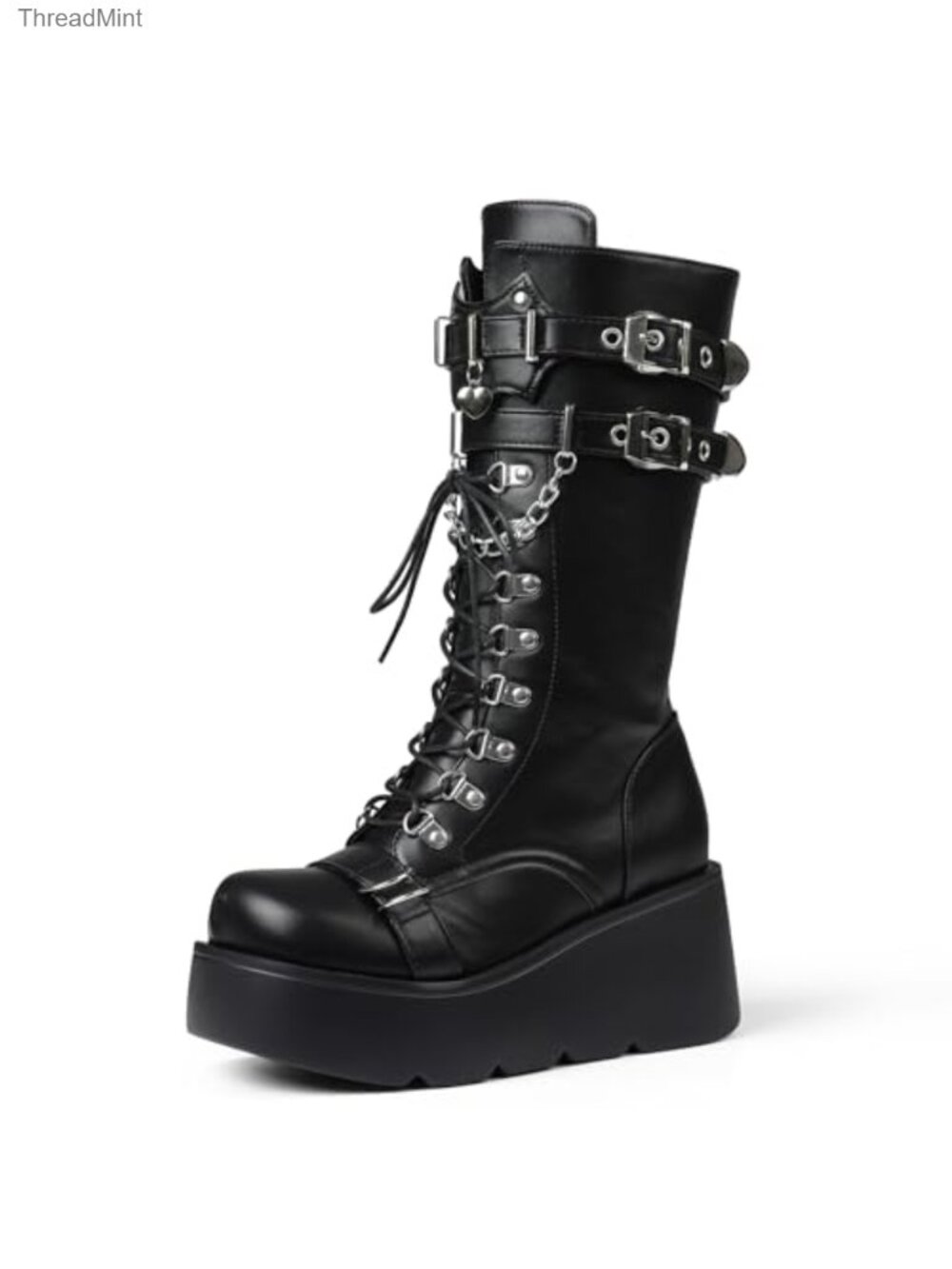Womens Gothic Combat Boots Chunky Wedge Heel Lace Up Mid Calf Platform